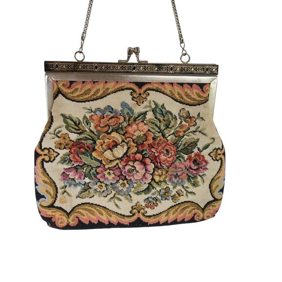 Vintage 70s Floral Tapestry Needlepoint Evening Bag Purse Chain Handle - Picture 1 of 5